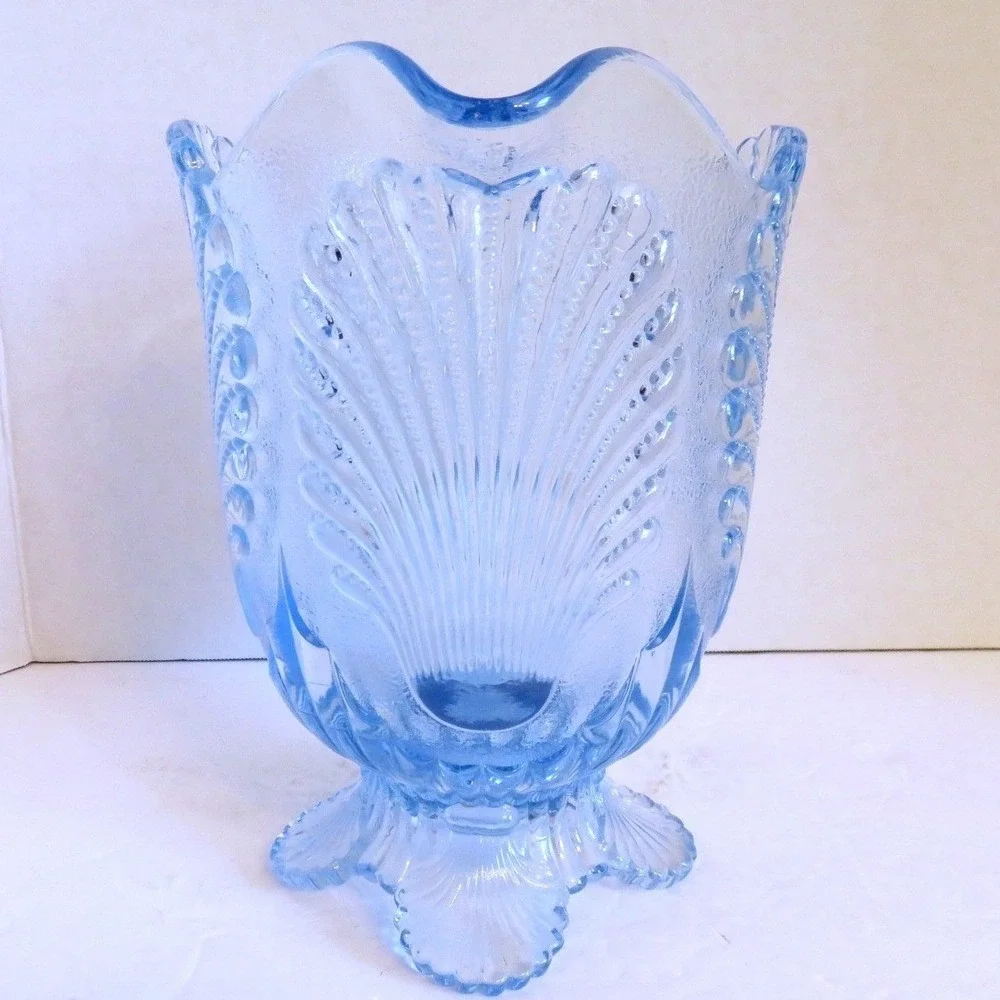 Vintage Light Blue Mosser Pressed Glass Shell Bead Footed‎ Water Pitcher 8